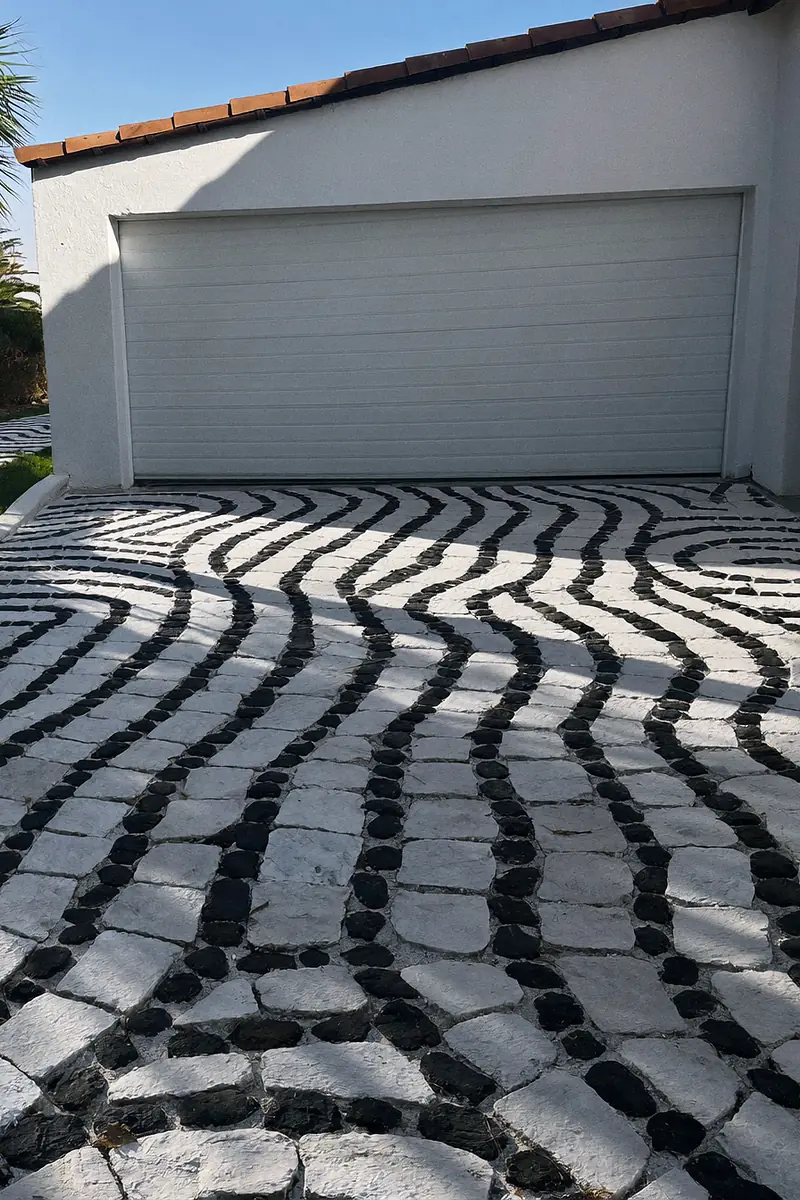 Illustration: Calçada driveway with a black and white wave pattern at a white villa in Cascais